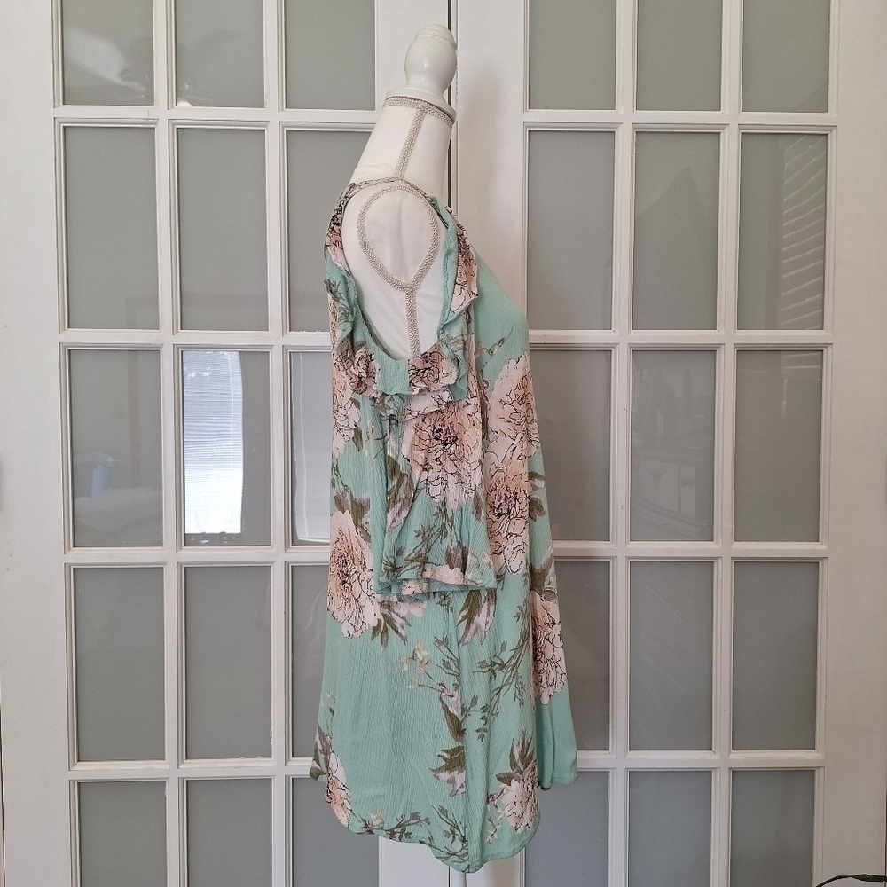 Blu Heaven Mint Green Floral Ruffle Cold-Shoulder Dress - Picture 6 of 14